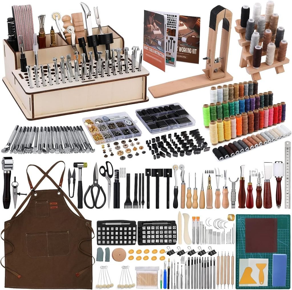 628Pcs Leather Working Tooling Set for Beginners, Starter Leather Working and Tool Supplies with Leather Pony, Tooling Box, Punch Tools, Sewing Thread, Stamping Tools, Rivets Kit for Leathercraft