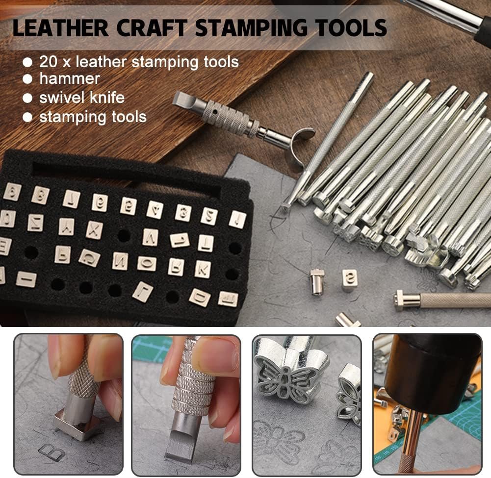 BUTUZE 440Pcs The Most Complete Leather Working Tool Set Punch Cutter Tools, Letter and Number Stamp Set, Stamping Set, Leather Apron, Tanned Leather and Instruction for Beginner and Professional