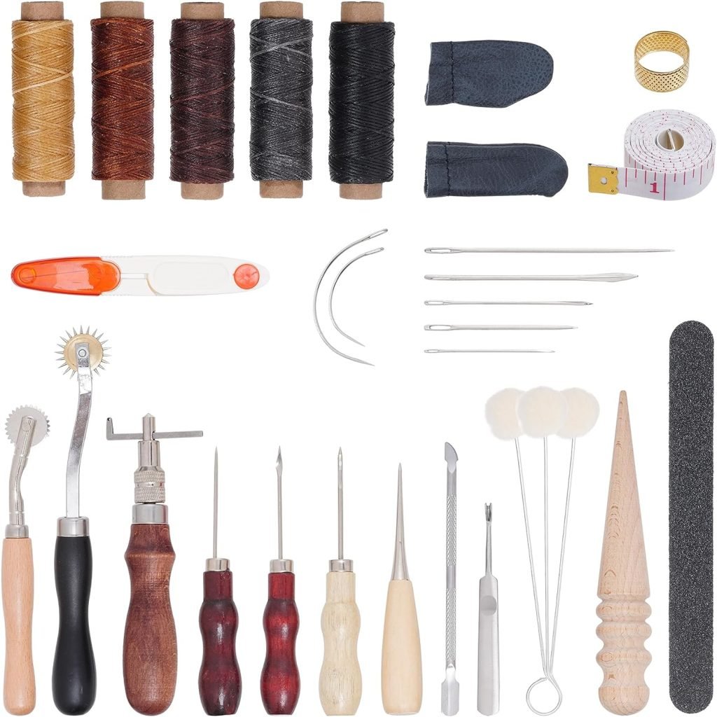 Leather Craft Tools Kit Awl Sewing Tool Set, Leather Working Supplies for Beginner Upholstery Repair and Punching Cutting Sewing Thread for Sofa, Shoe, Craft DIY