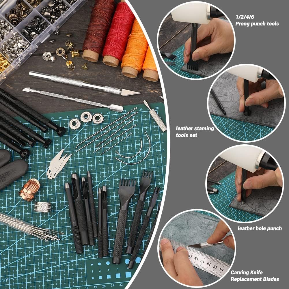 Leather Tooling Kit, Leather Working Tools, Leather Craft Tools Kits and Supplies with Leather Stamp Tools, Cutting Mat, Groover, and Rivets Kit for Beginners Professional