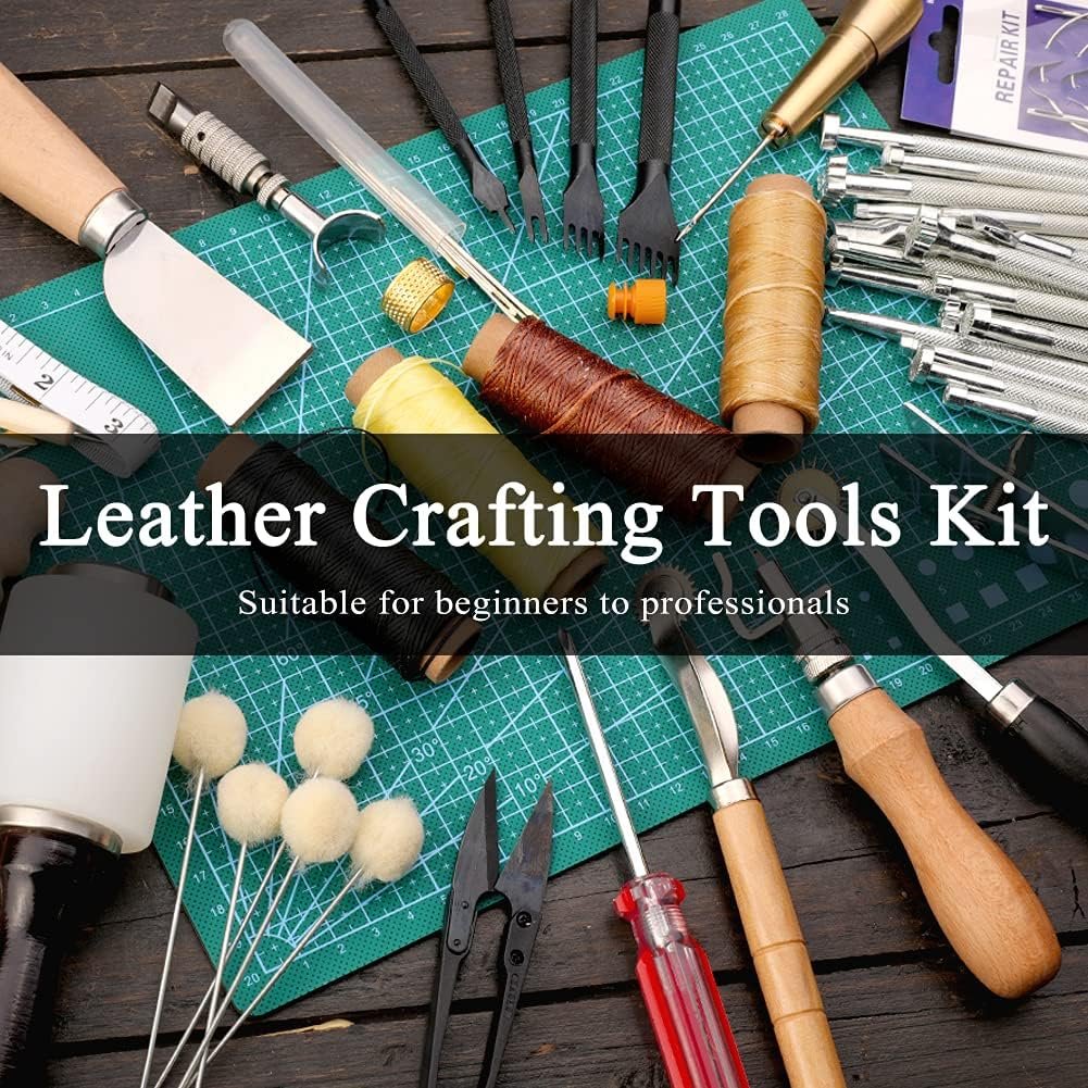 Leather Working Tools Kit Leathercraft Kit Include Leather Tool Holder, Leather Rivets and Snaps Set, Leather Stamping Tools, Leather Crafting Tools Kit for Beginners and Professionals