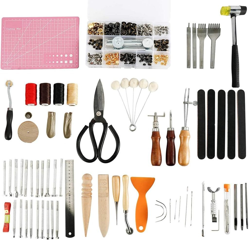Patioer 183Pcs Leather kit, Leather Craft Working Tool Kit with Saddle Making Tools Set, Leather Rivets Kit,Prong Punch, Leather Hammer for Leather Working, Leather Making, Leather Craft DIY